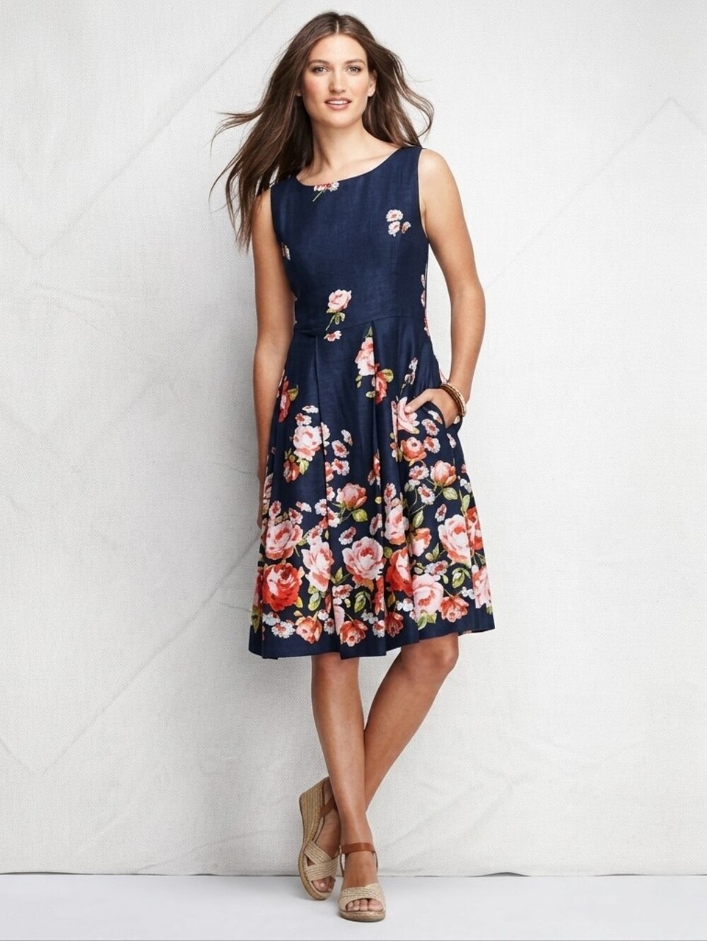 LANDS" END Navy Blue Floral Print Linen A-Line Dress Pockets Preppy Wedding Sz 4